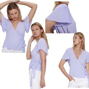 Zara lilac purple chiffon pleated short sleeve wrap side tie blouse Sz L